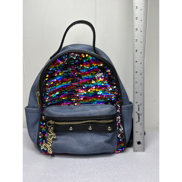 Juicy Couture Los Angeles Denim Blue Multicolor Sequin Backpack w/ Pockets - Picture 6 of 7